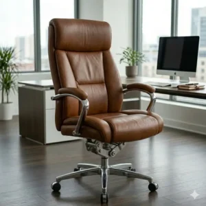 Professional executive office setup featuring a tufted vintage brown leather office chair