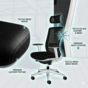 Close-up illustration of the leather and mesh texture on a high-quality black and white office chair.