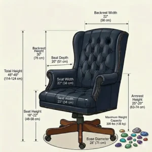 Technical diagram showing the specific dimensions of a standard tufted leather desk chair.