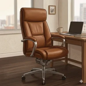 Small-space home office featuring a minimalist brown leather office chair and oak desk.