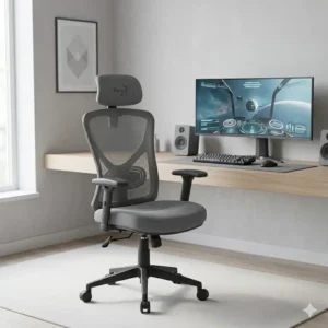 A modern grey edition of mesh gaming chairs integrated into a minimalist home office environment.