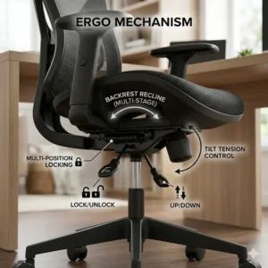 Mechanical diagram showing the multi-tilt and recline functions of a mesh office chair.