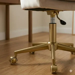 A compact pink plush desk chair tucked under a wooden desk in a small apartment office.