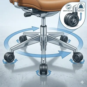 The heavy-duty chrome swivel base and smooth wheels of a tan leather desk chair.