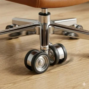 A 360-degree swivel cognac leather office chair with smooth-rolling caster wheels for mobility.