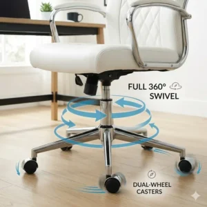 Technical drawing of the 360-degree swivel base and casters on a white leather office chair.