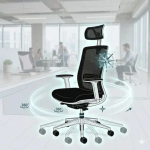 Illustration demonstrating the 360-degree swivel and smooth movement of a black and white office chair.