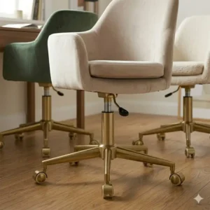 A row of plush desk chairs in various colors including sage green, navy blue, and cream.