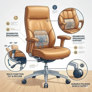 Mid-century modern aesthetic design of a professional tan leather desk chair.