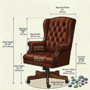 Illustration of the heavy-duty rolling caster wheels on a tufted leather desk chair.