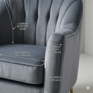 Illustration 6: Compact grey velvet accent armchair designed for small apartment living rooms or home offices.