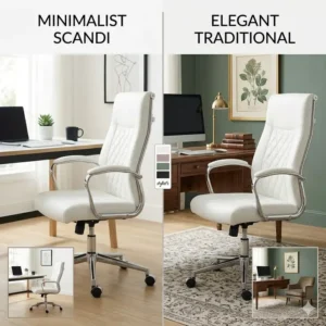 Visual comparison of how a white leather office chair fits into minimalist and traditional office decors.