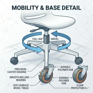 Close-up view of the 360-degree swivel base and smooth-rolling wheels on a plastic office chair.