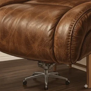 Detailed macro shot of the premium top-grain distressed brown leather office chair upholstery.