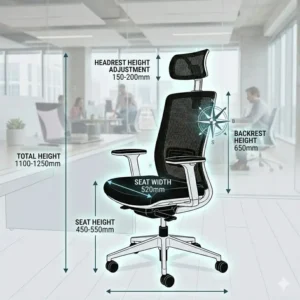 A technical drawing showing the full dimensions and height adjustments of a black and white office chair.