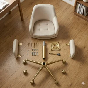 Overhead view of plush desk chair components laid out for easy assembly.