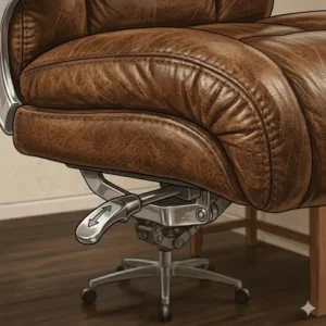 Demonstration of the pneumatic height adjustment lever on a brown leather office chair.