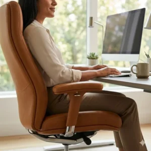 A person sitting and working productively in a cushioned tan leather desk chair.