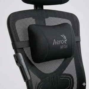 Close-up of the adjustable neck pillow and headrest area on professional mesh gaming chairs.