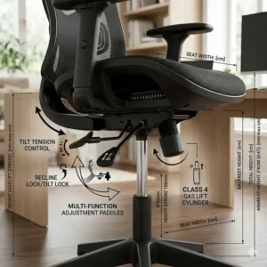 An infographic displaying the full height and width dimensions of a standard mesh office chair.