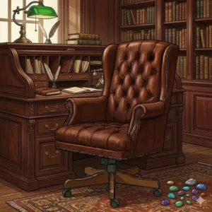 A vintage-inspired tufted leather desk chair paired with a traditional roll-top desk.