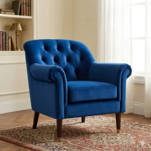 Illustration 7: Royal blue velvet accent armchair with vintage rolled arms and dark espresso finished legs.
