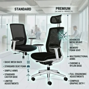 Side-by-side comparison between a standard and a premium luxury black and white office chair.