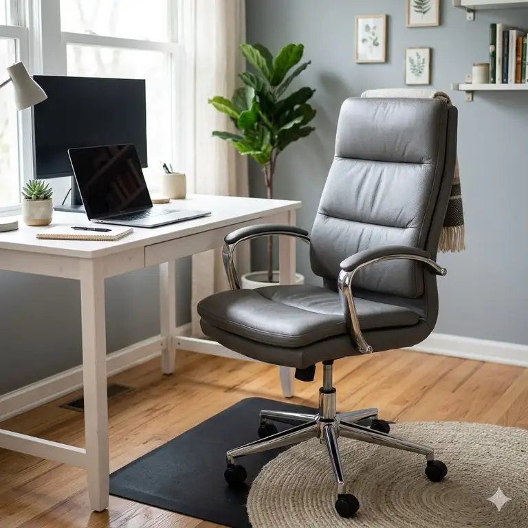 A modern grey leather desk chair with chrome accents styled in a bright, minimalist home office.