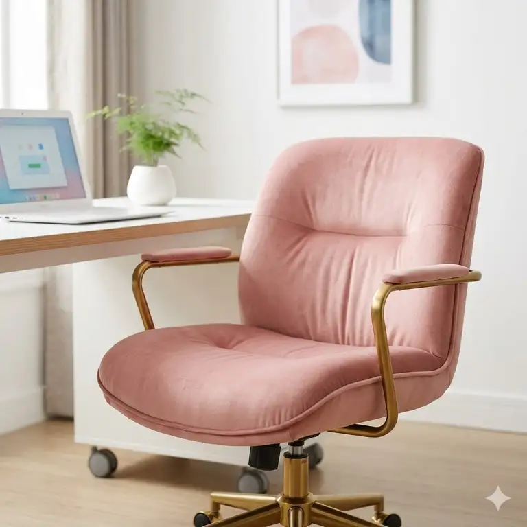 A stylish ergonomic pink office chair in a modern home office setup with natural lighting.