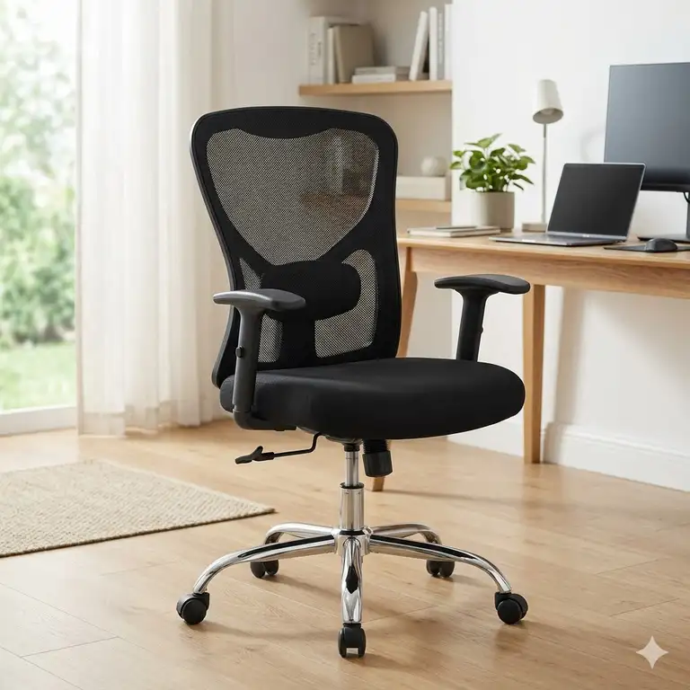 Featured Image: A high-back ergonomic black swivel chair with adjustable armrests and a chrome base in a bright modern office.