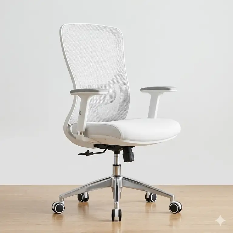 A professional studio shot of a modern white office chair with an ergonomic mesh back and silver base.