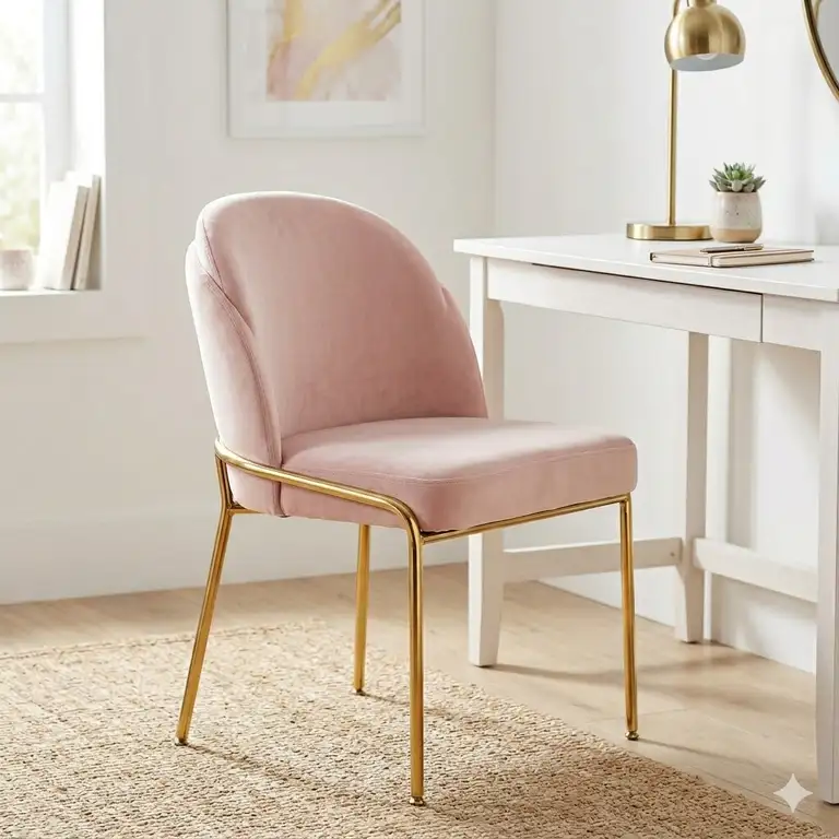 A professional setup of a light pink desk chair gold legs no wheels in a modern home office.