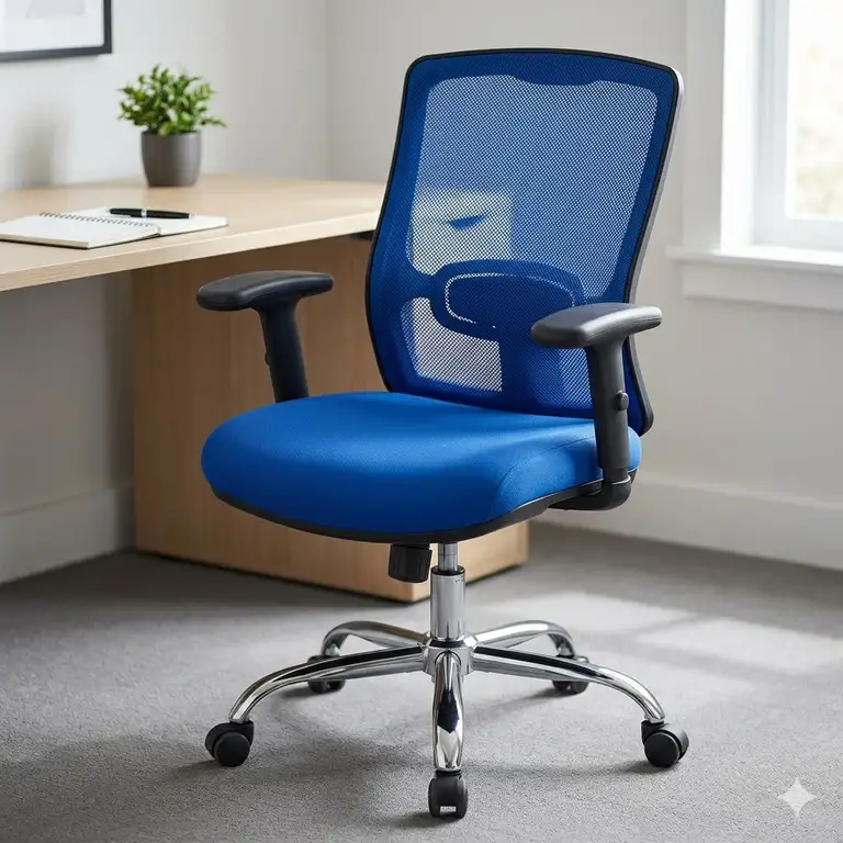 A modern ergonomic blue office chair with lumbar support and mesh backrest in a professional workspace.