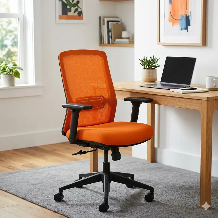 A modern ergonomic orange desk chair with adjustable armrests in a bright office.