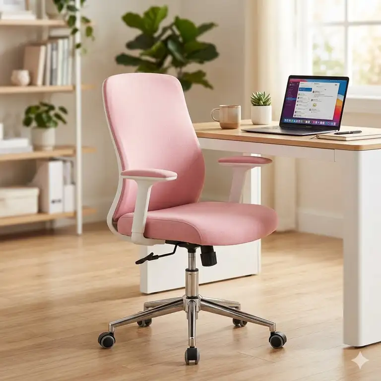 A modern pink computer chair with ergonomic support placed at a clean white desk in a brightly lit home office.