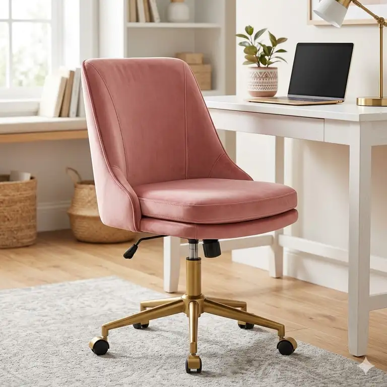 A modern pink velvet desk chair with an ergonomic backrest and gold metal legs in a bright home office.