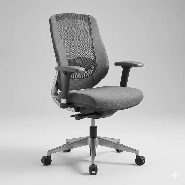 A modern ergonomic gray office chair with adjustable armrests and a mesh back.