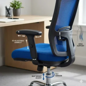Close-up view of 3D adjustable armrests on a navy blue office chair.