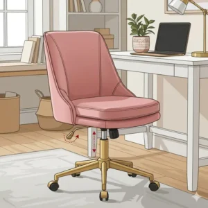 An adjustable pink velvet desk chair showing the height adjustment pneumatic lever.