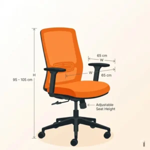Detailed dimensions and scale guide for an adjustable orange desk chair.