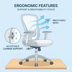 Detailed illustration showing the ergonomic lumbar support and breathable mesh of this white office chair.