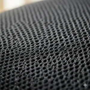 Illustration 1: Close-up texture of the breathable mesh backrest on a black swivel chair.