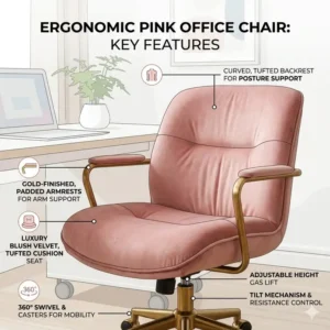 A diagram showing the adjustable lumbar support and posture features of a pink office chair.