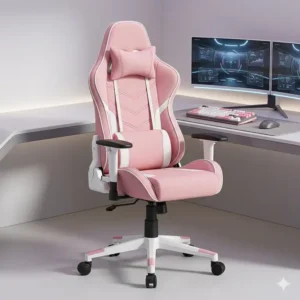 High-back pink computer chair with racing-style seat and adjustable armrests for gaming.