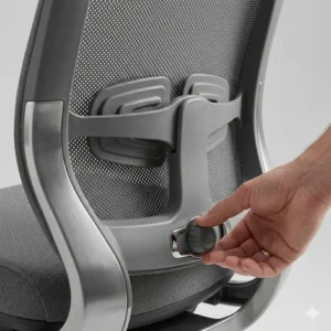 Close-up of the adjustable lumbar support on a gray office chair for back comfort.
