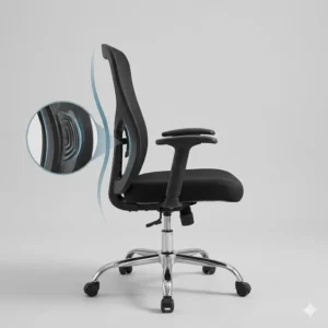 Illustration 2: Side view of a black swivel chair highlighting the S-shaped ergonomic lumbar support.