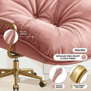 Close-up view of the soft velvet upholstery and gold finish of a luxury pink office chair.