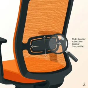 Close-up showing the adjustable lumbar support feature of an orange desk chair.