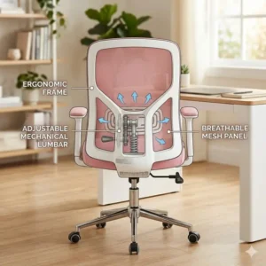 Close-up illustration of a pink computer chair showing adjustable lumbar support and breathable mesh.