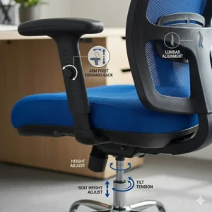 Illustration 2: A compact velvet blue office chair tucked under a wooden desk in a cozy home office setup.